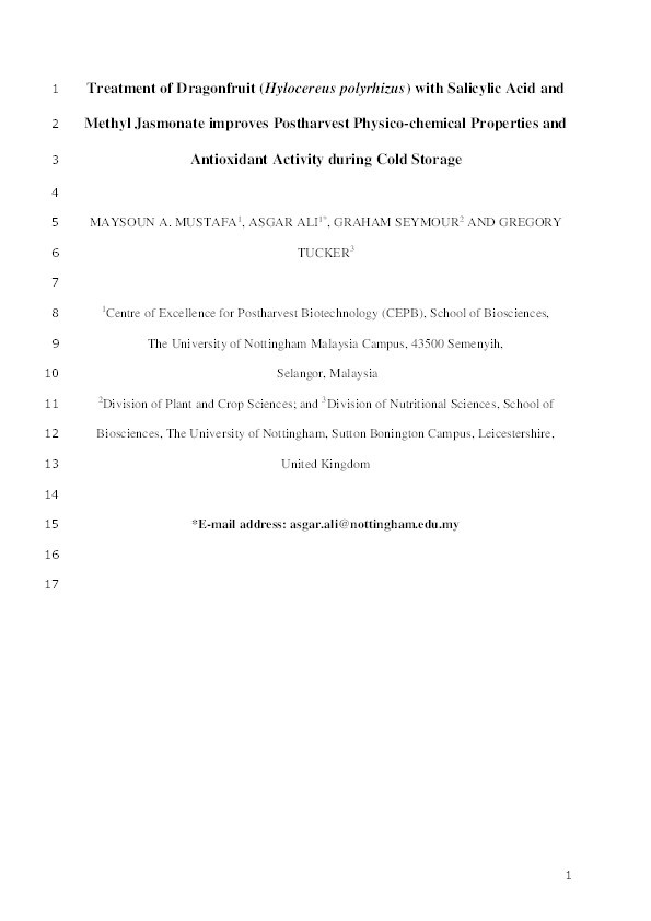 Treatment of dragonfruit ( Hylocereus polyrhizus ) with salicylic acid and methyl jasmonate improves postharvest physico-chemical properties and antioxidant activity during cold storage Thumbnail