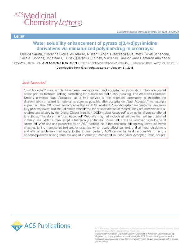 Water solubility enhancement of pyrazolo[3,4-d]pyrimidine derivatives via miniaturized polymer-drug microarrays Thumbnail