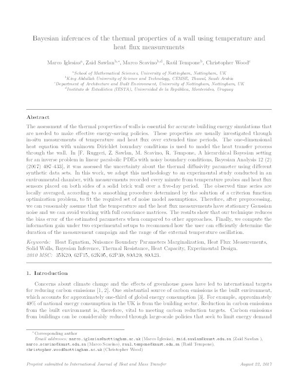 Bayesian inferences of the thermal properties of a wall using temperature and heat flux measurements Thumbnail