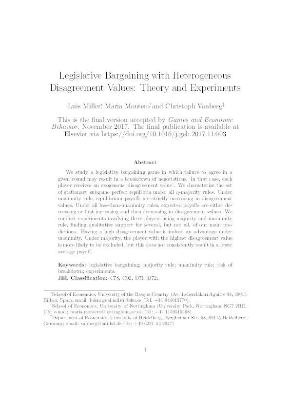 Legislative bargaining with heterogeneous disagreement values: theory and experiments Thumbnail