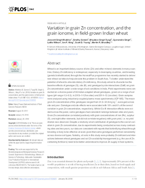 Variation in grain Zn concentration, and the grain ionome, in field-grown Indian wheat Thumbnail