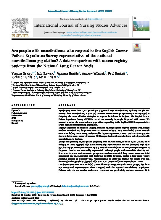 Are people with mesothelioma who respond to the English Cancer Patient Experience Survey representative of the national mesothelioma population? A data comparison with cancer registry patients from the National Lung Cancer Audit Thumbnail