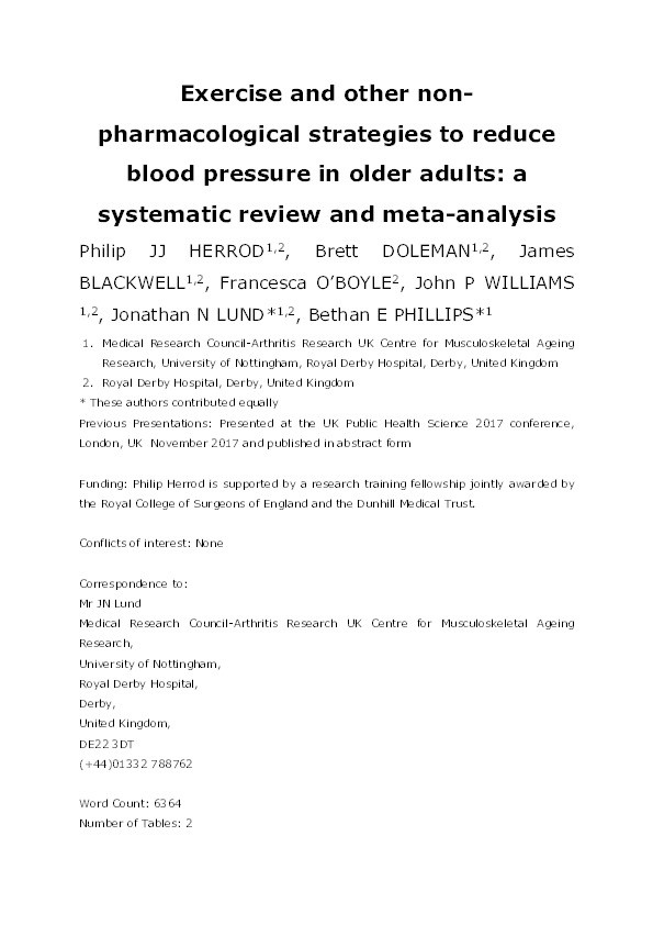 Exercise and other nonpharmacological strategies to reduce blood pressure in older adults: a systematic review and meta-analysis Thumbnail