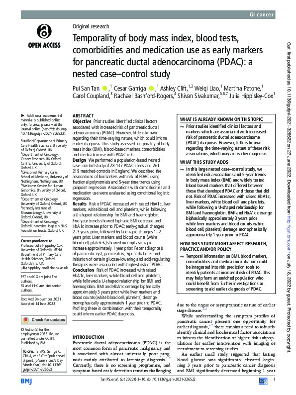 Temporality of body mass index, blood tests, comorbidities and medication use as early markers for pancreatic ductal adenocarcinoma (PDAC): a nested case–control study Thumbnail