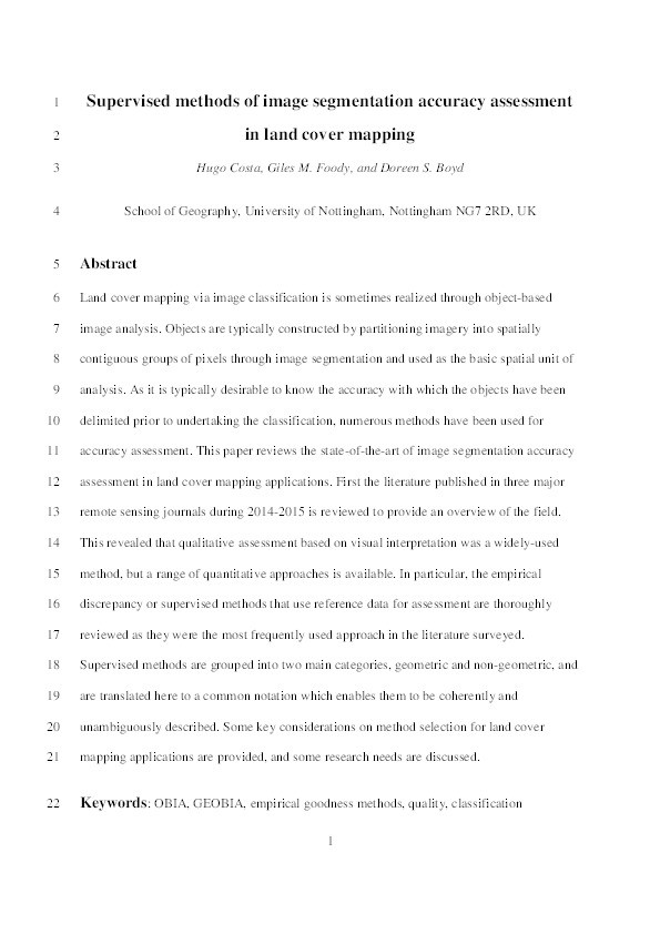 Supervised methods of image segmentation accuracy assessment in land cover mapping Thumbnail