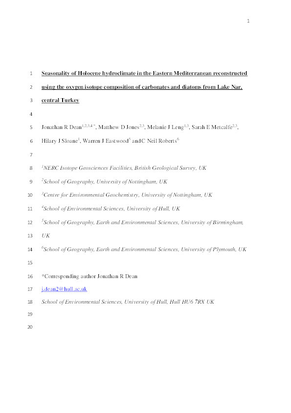 Seasonality of Holocene hydroclimate in the Eastern Mediterranean reconstructed using the oxygen isotope composition of carbonates and diatoms from Lake Nar, central Turkey Thumbnail