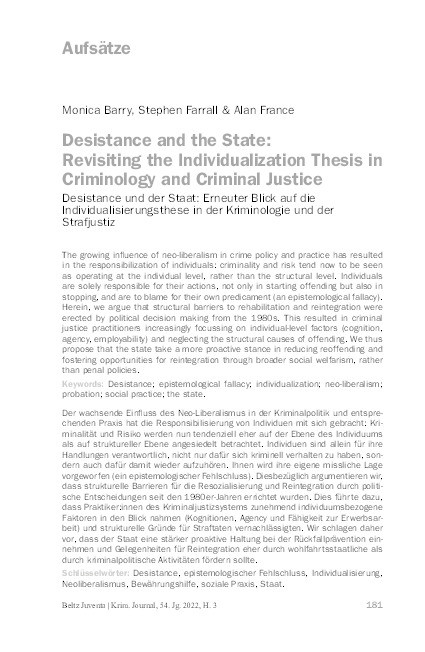 Desistance and the state: revisiting the individualization thesis in criminology and criminal justice Thumbnail