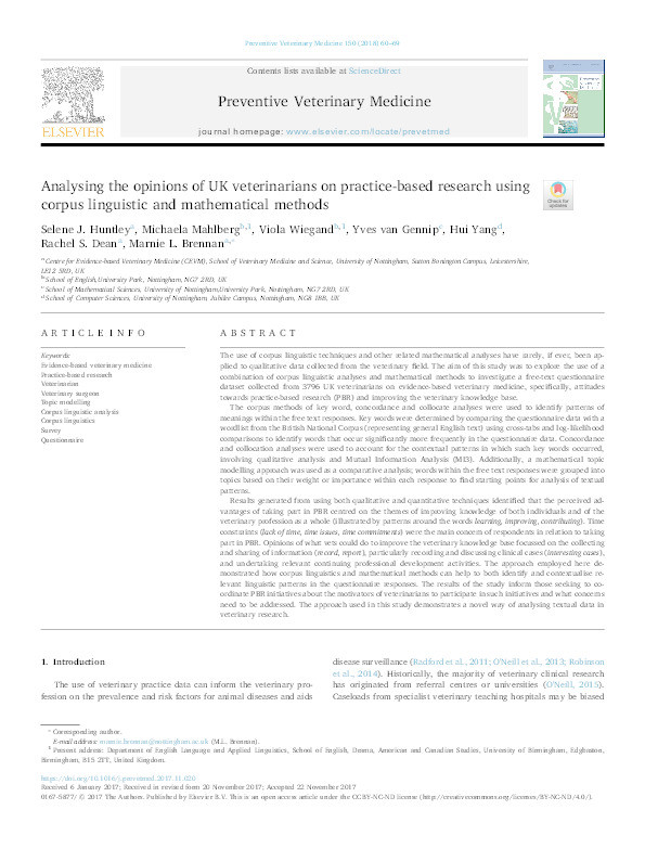 Analysing the opinions of UK veterinarians on practice-based research using corpus linguistic and mathematical methods Thumbnail