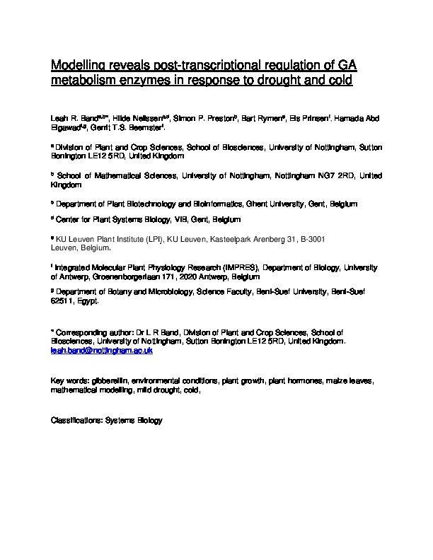 Modelling reveals post-transcriptional regulation of GA metabolism enzymes in response to drought and cold Thumbnail
