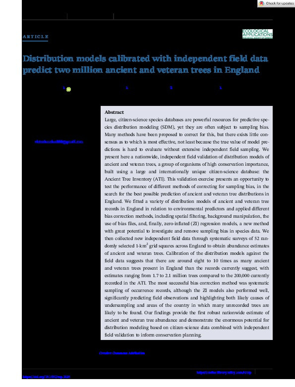 Distribution models calibrated with independent field data predict two million ancient and veteran trees in England Thumbnail