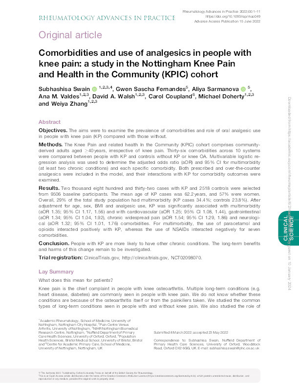 Comorbidities and use of analgesics in people with knee pain: a study in the Nottingham Knee Pain and Health in the Community (KPIC) cohort Thumbnail