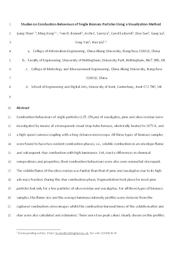 Studies on combustion behaviours of single biomass particles using a visualization method Thumbnail