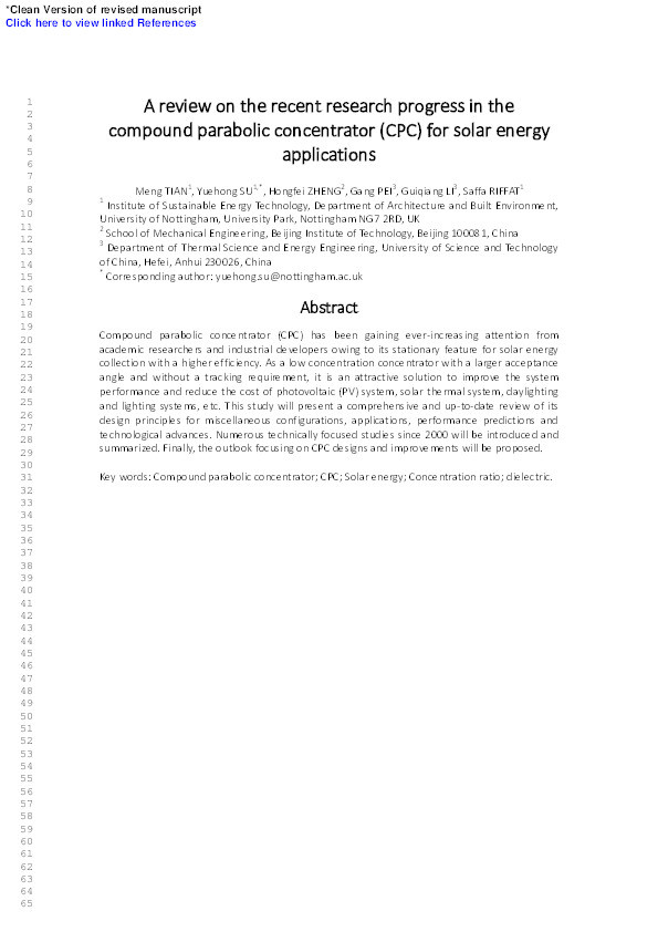 A review on the recent research progress in the compound parabolic concentrator (CPC) for solar energy applications Thumbnail