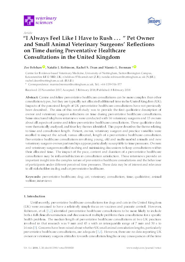 “I always feel like I have to rush…”: pet owner and small animal veterinary surgeons’ reflections on time during preventative healthcare consultations in the United Kingdom Thumbnail