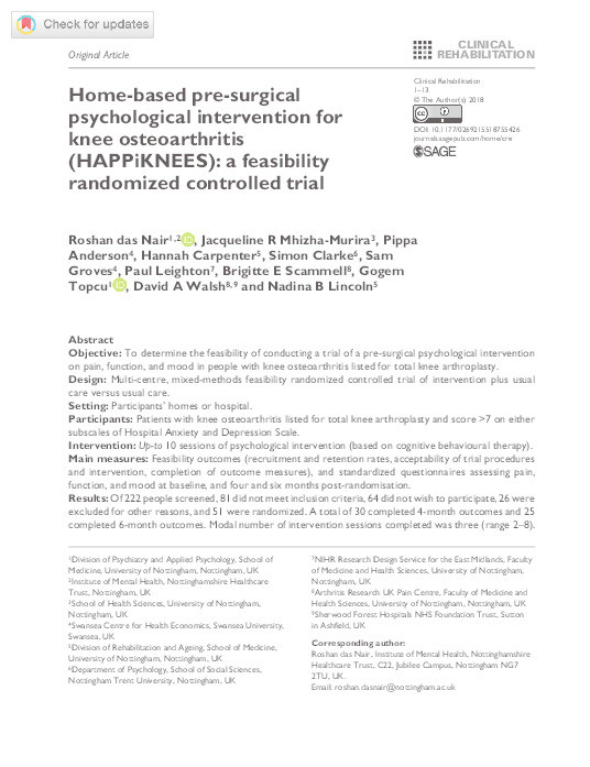 Home-based pre-surgical psychological intervention for knee osteoarthritis (HAPPiKNEES): a feasibility randomised controlled trial Thumbnail