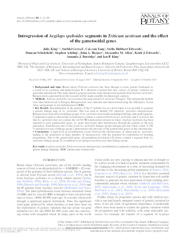 Introgression of Aegilops speltoides segements in Triticum aestivum and the effect of the gametocidal genes Thumbnail