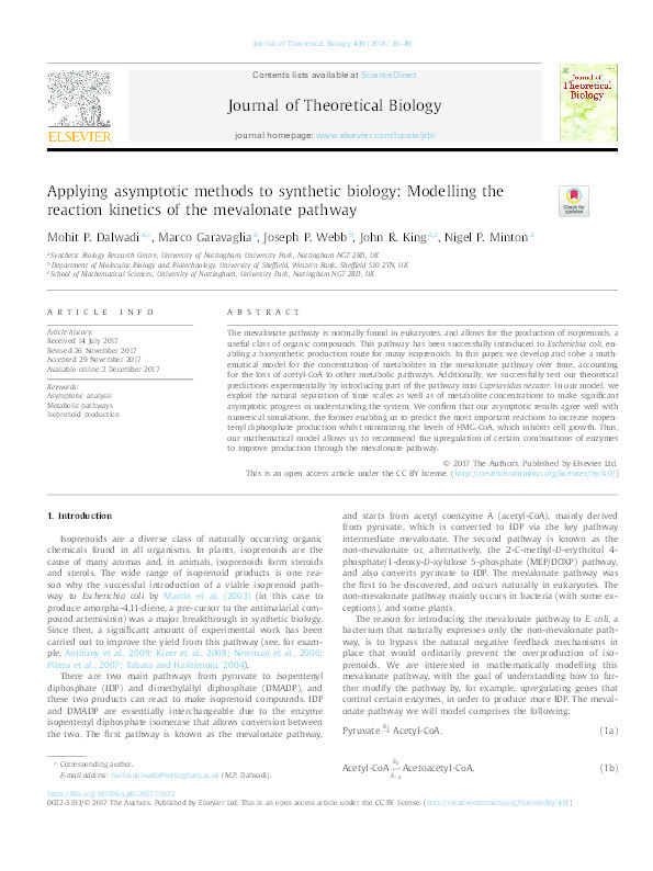 Applying asymptotic methods to synthetic biology: modelling the reaction kinetics of the mevalonate pathway Thumbnail