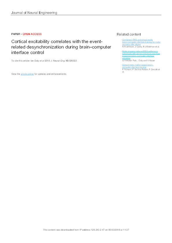 Cortical excitability correlates with the event-related desynchronization during brain-computer interface control Thumbnail