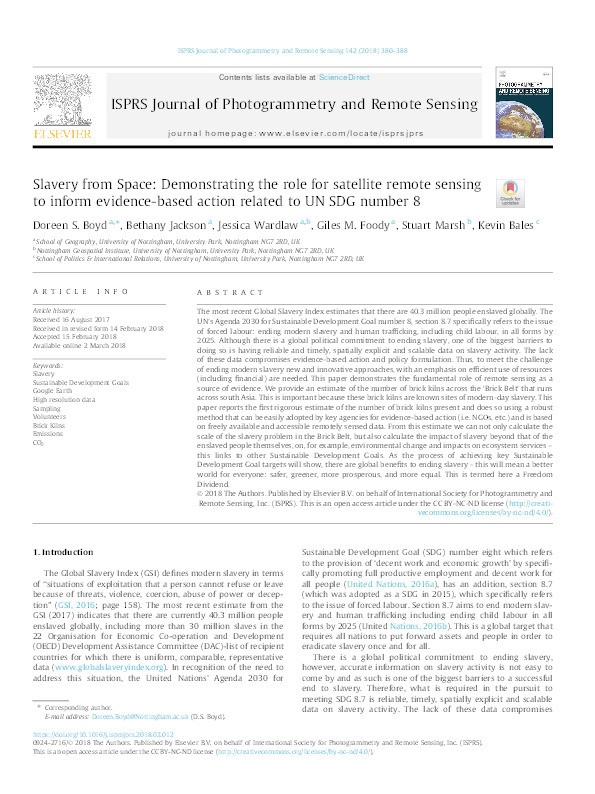 Slavery from Space: Demonstrating the role for satellite remote sensing to inform evidence-based action related to UN SDG number 8 Thumbnail