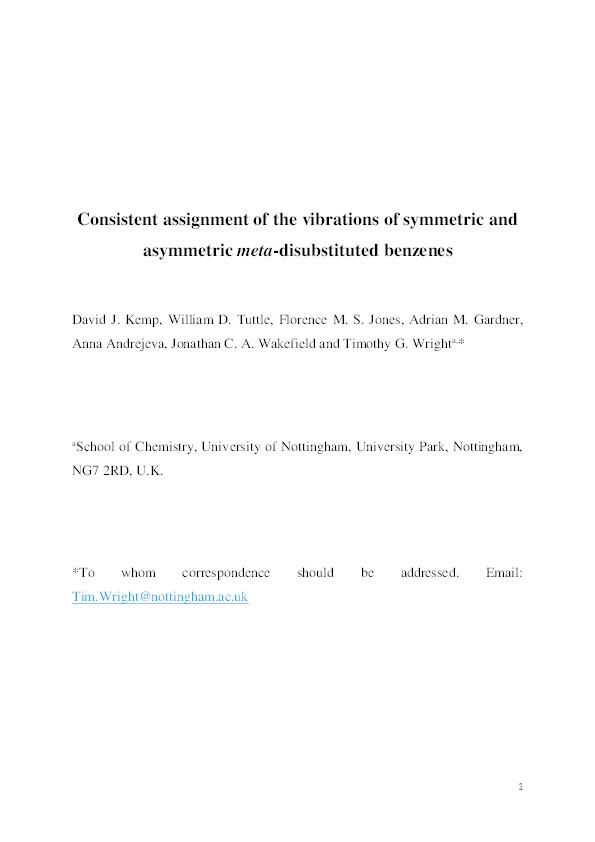 Consistent assignment of the vibrations of symmetric and asymmetric meta-disubstituted benzenes Thumbnail