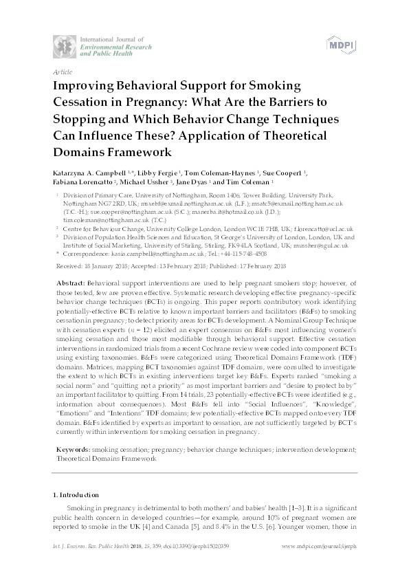 Improving behavioral support for smoking cessation in pregnancy: what are the barriers to stopping and which behavior change techniques can influence these?: application of theoretical domains framework Thumbnail