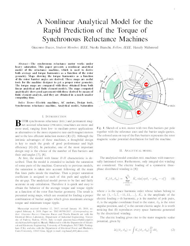 A nonlinear analytical model for the rapid prediction of the torque of synchronous reluctance machines Thumbnail