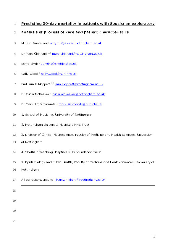 Predicting 30-day mortality in patients with sepsis: an exploratory analysis of process of care and patient characteristics Thumbnail