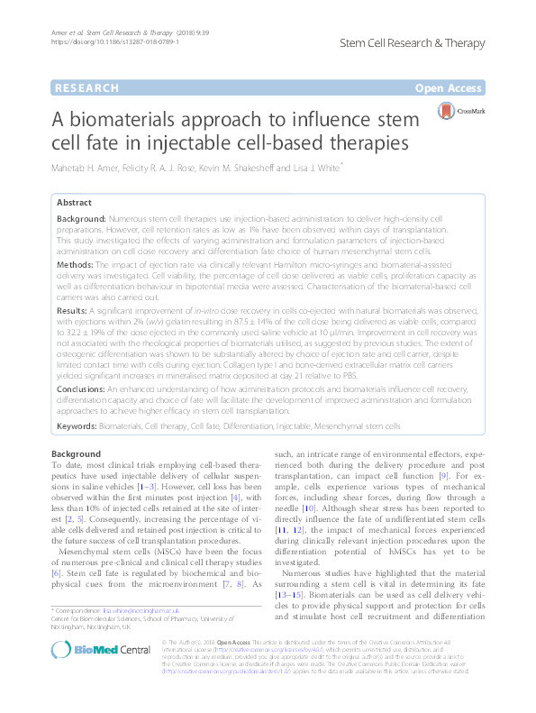 A biomaterials approach to influence stem cell fate in injectable cell-based therapies Thumbnail