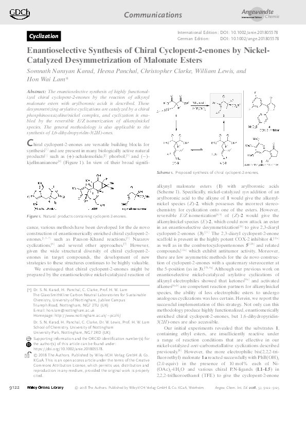 Enantioselective synthesis of chiral cyclopent-2-enones by nickel-catalyzed desymmetrization of malonate esters Thumbnail