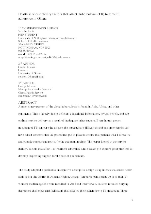 Health service factors that affect adherence to tuberculosis treatment in Ghana Thumbnail