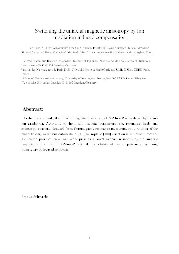 Switching the uniaxial magnetic anisotropy by ion irradiation induced compensation Thumbnail