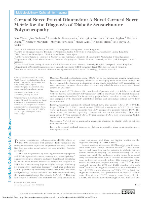 Corneal nerve fractal dimension: a novel corneal nerve metric for the diagnosis of diabetic sensorimotor polyneuropathy Thumbnail