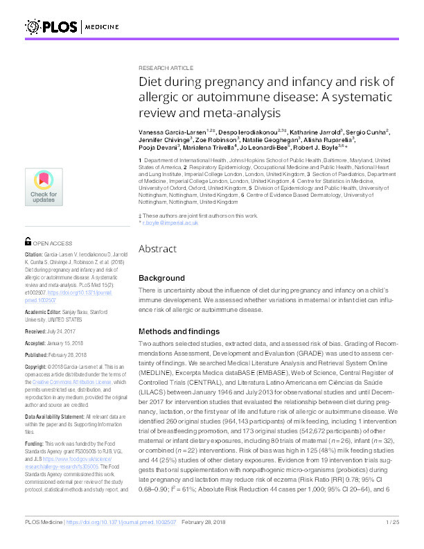 Diet during pregnancy and infancy, and risk of allergic or autoimmune disease: a systematic review and meta-analysis Thumbnail