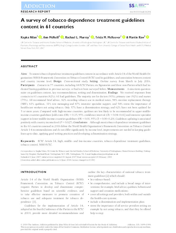 A survey of tobacco dependence treatment guidelines content in 61 countries Thumbnail