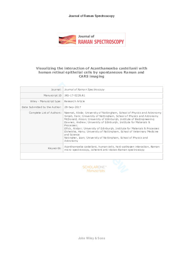 Visualizing the interaction of Acanthamoeba castellanii with human retinal epithelial cells by spontaneous Raman and CARS imaging Thumbnail