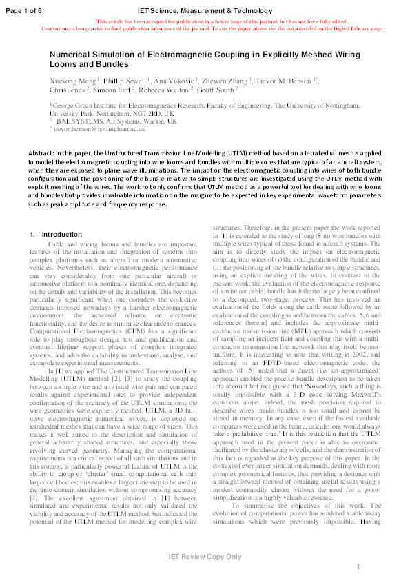 Numerical simulation of electromagnetic coupling in explicitly meshed wiring looms and bundles Thumbnail