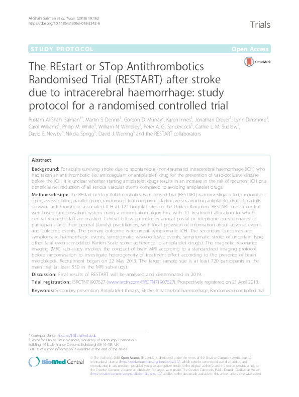 The REstart or STop Antithrombotics Randomised Trial (RESTART) after stroke due to intracerebral haemorrhage: study protocol for a randomised controlled trial Thumbnail
