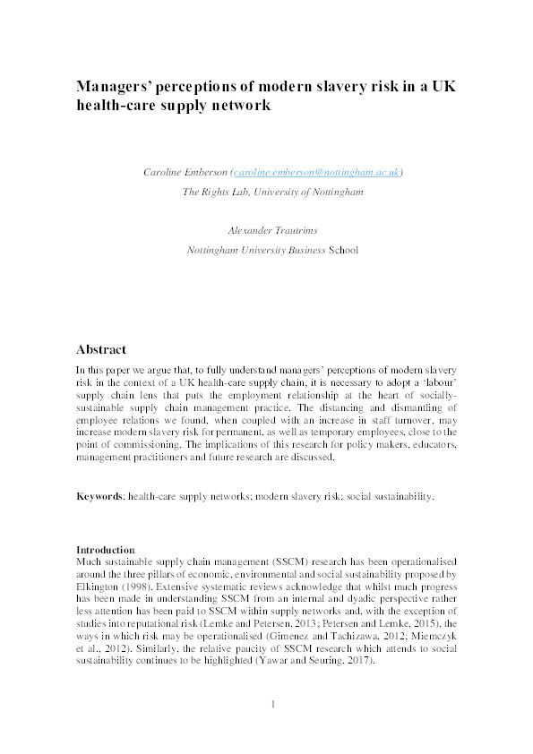 Managers' perceptions of modern slavery risk in a UK health-care supply network Thumbnail