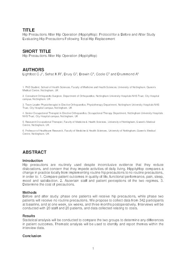 Hip precautions after hip operation (HippityHop): protocol for a before and after study evaluating hip precautions following total hip replacement Thumbnail