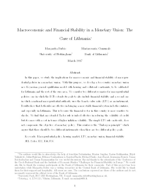 Macroeconomic and financial stability in a monetary union: the case of Lithuania Thumbnail