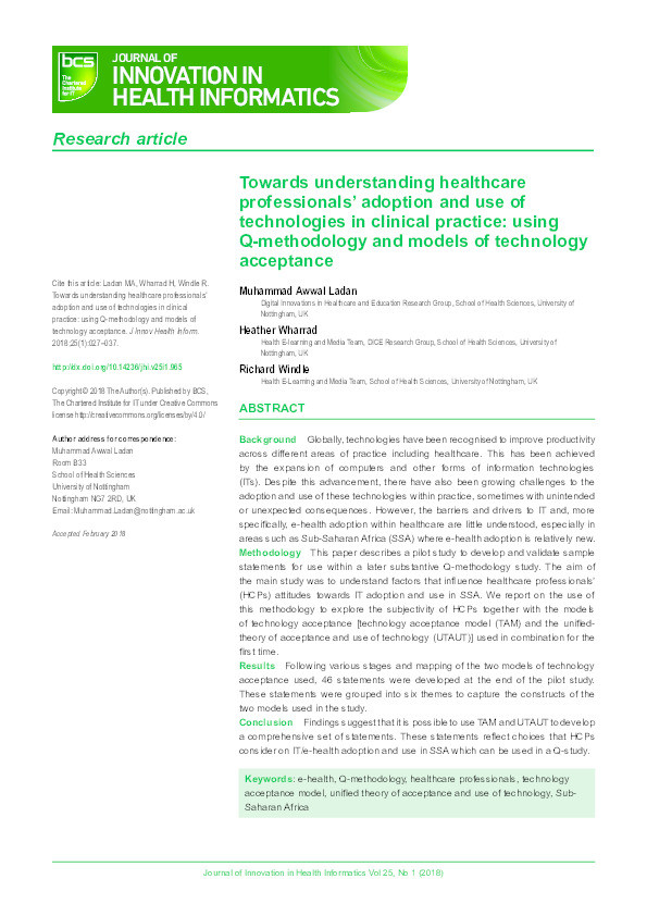 Towards understanding healthcare professionals’ adoption and use of technologies in clinical practice: using Qmethodology and models of technology acceptance Thumbnail