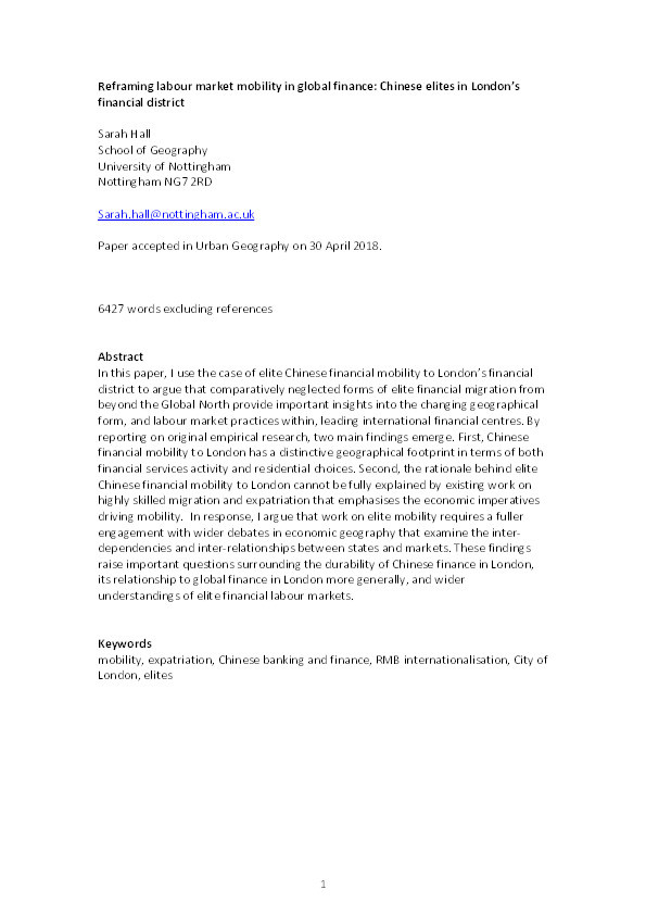 Reframing labour market mobility in global finance: Chinese elites in London’s financial district Thumbnail
