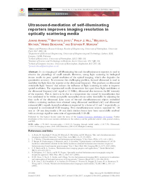 Ultrasound-mediation of self-illuminating reporters improves imaging resolution in optically scattering media Thumbnail