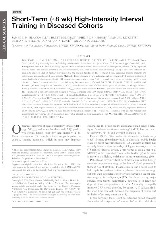 Short-term (<8 weeks) high-intensity interval training in diseased cohorts Thumbnail