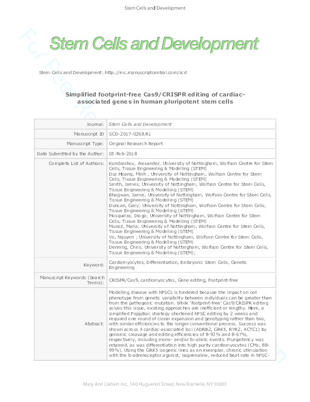 Simplified footprint-free Cas9/CRISPR editing of cardiac-associated genes in human pluripotent stem cells Thumbnail