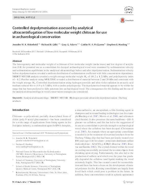 Controlled depolymerisation, as assessed by analytical ultracentrifugation, of low molecular weight chitosan for potential use in archaeological conservation Thumbnail