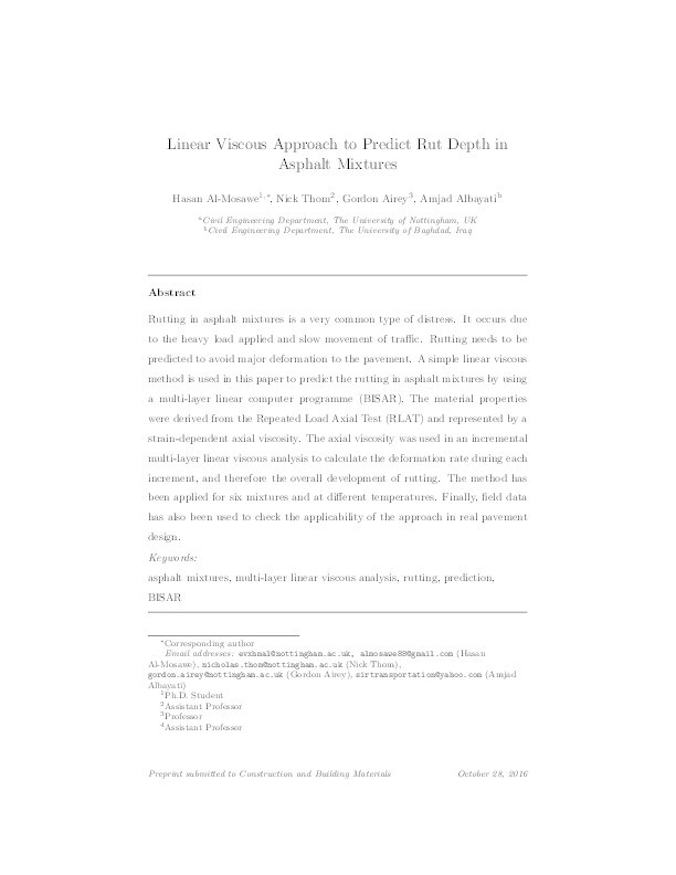 Linear viscous approach to predict rut depth in asphalt mixtures Thumbnail