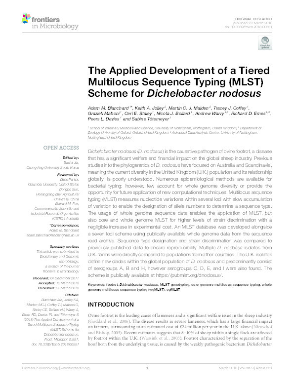 The applied development of a tiered multilocus sequence typing (MLST) scheme for Dichelobacter nodosus Thumbnail