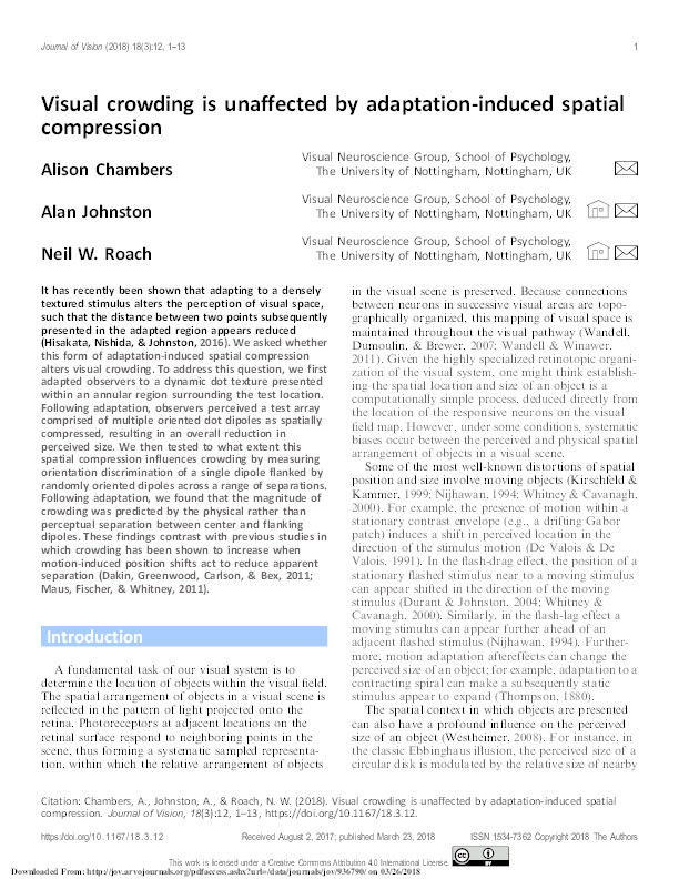 Visual crowding is unaffected by adaptation-induced spatial compression Thumbnail