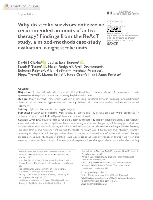 Why do stroke survivors not receive recommended amounts of active therapy? Findings from the ReAcT study, a mixed-methods case-study evaluation in eight stroke units Thumbnail